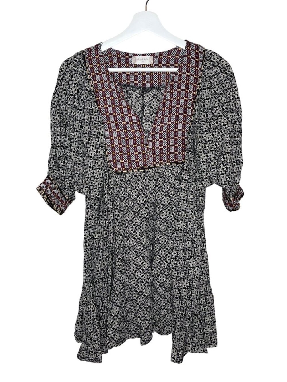 Altar’d State Womens XS Boho Peasant Tunic Top Black Red Puff Sleeve Cottagecore